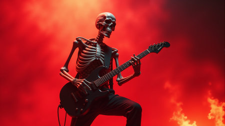 Under dramatic red lighting, a skeleton rocks out on stage, gripping an electric guitar and captivating the audience with its energetic performance during an electrifying concert.の素材