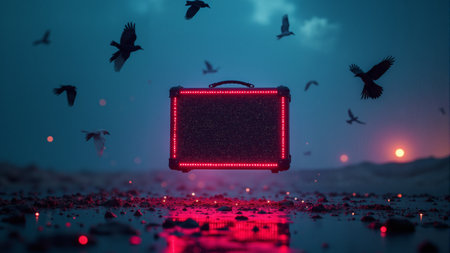 Under a starry sky, a glowing briefcase hovers mysteriously on a deserted street. Nearby, a flock of birds takes flight, illuminated by distant city lights. The scene evokes curiosity and intrigue.の素材