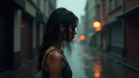 Walking through a rain-soaked city, a mysterious figure holds a vinyl record in front of their face, blending urban life with music's timeless magic, creating an atmospheric moment.の素材