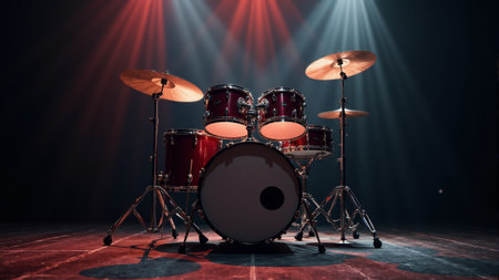 A dynamic drum set stands ready on stage, illuminated by colorful lights that create an exciting ambiance. The energy of the upcoming performance fills the air, enchanting all.の素材