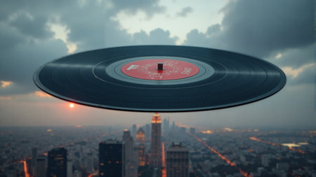 Suspended in the evening sky, an advanced flying object hovers gracefully, illuminating the city below. The landscape sparkles with lights as day transitions to night, creating a surreal atmosphere.の素材