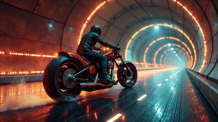 A motorcyclist clad in a leather jacket speeds through a futuristic tunnel, illuminated by glowing lights.の素材