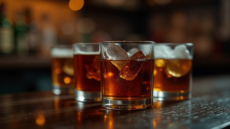 Glasses filled with rich amber liquid and ice rest on a polished wooden bar, illuminated by soft overhead lights, creating a warm and inviting atmosphere perfect for socializing.の素材