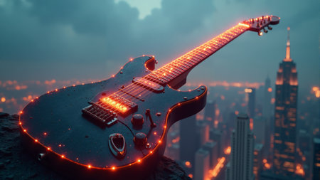 A striking electric guitar adorned with glowing lights rests on a rooftop ledge. Below, the bustling city skyline sparkles as dusk settles, creating a surreal yet captivating atmosphere.の素材