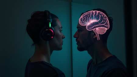 In a dimly lit room, a woman wearing headphones gazes at her own reflection. Her head features a glowing brain, symbolizing deep thought and creativity, merging reality with imagination.の素材