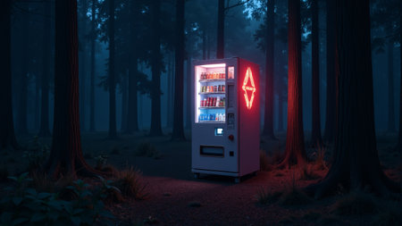 A brightly lit vending machine stands alone in a dimly lit forest. Surrounded by tall trees and ethereal fog, the scene evokes a sense of wonder and adventure during twilight.の素材