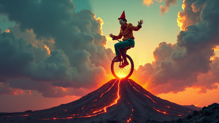 A daring cyclist wearing a bright red outfit rides confidently atop a smoking volcano, surrounded by dramatic eruptions and vibrant colors. This mesmerizing scene merges adventure with holiday cheer.の素材