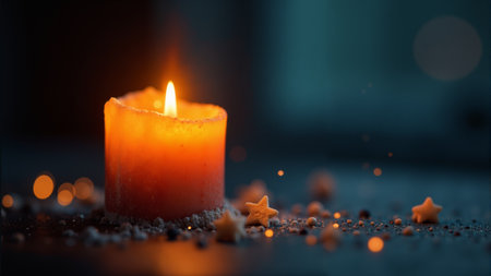 A warm candle radiates soft light as it flickers gently, surrounded by sparkling particles that float in the air. This enchanting setting creates a cozy ambiance perfect for relaxation and reflection.の素材