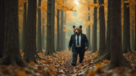A charming bear dressed in a tailored suit walks confidently through a tranquil forest adorned with vibrant autumn leaves, surrounded by towering trees and a sense of wonder.の素材