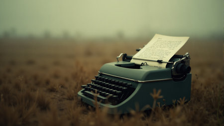 Amidst a serene, fog-laden field, a vintage typewriter rests on the ground with a page partially filled with words, evoking a sense of nostalgia and creativity.の素材
