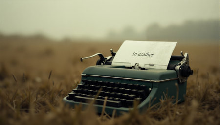 Amidst a serene, fog-laden field, a vintage typewriter rests on the ground with a page partially filled with words, evoking a sense of nostalgia and creativity.の素材