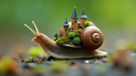 A whimsical snail meanders through a vibrant garden, its shell adorned with tiny houses. Sunlight filters through leaves, casting playful shadows on soft moss. Nature embraces this enchanting scene.の素材