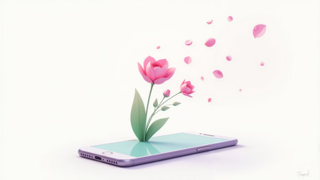 A smartphone gently sprouts vibrant flowers, symbolizing the fusion of technology and nature. Delicate petals float around, creating a whimsical atmosphere of creativity and innovation.の素材