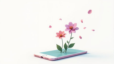 A smartphone gently sprouts vibrant flowers, symbolizing the fusion of technology and nature. Delicate petals float around, creating a whimsical atmosphere of creativity and innovation.の素材