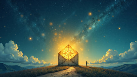 On a serene hillside under a starlit sky, a curious wanderer stands before an enormous envelope glowing with a celestial clock, hinting at a cosmic adventure waiting to unfold.の素材