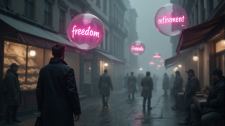 A man walks along a foggy cobblestone street, surrounded by vintage storefronts. Colorful bubbles float above, proudly displaying the whimsical words freedom and retirement.の素材