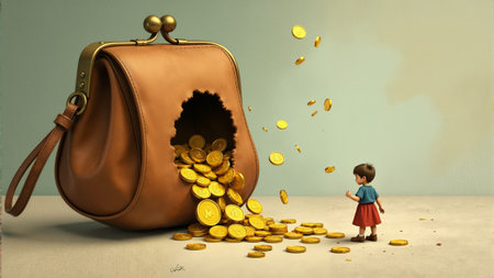In a magical indoor scene, a small child in a playful outfit gazes in awe at a large, open purse overflowing with shining golden coins. The atmosphere is warm and enchanting.の素材