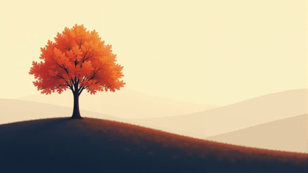 A majestic tree adorned with fiery orange leaves rises gracefully atop a soft hill, illuminated by the gentle glow of the early morning sun, creating a tranquil atmosphere.の素材