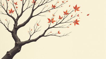 In a peaceful setting, vibrant red leaves gracefully fall from their branches, creating a beautiful contrast against a soft, pale background. The scene captures the essence of autumn and change.の素材