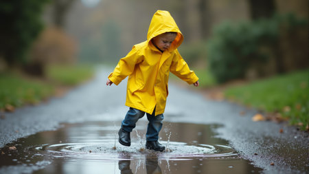 A cheerful young child wearing a bright yellow raincoat joyfully jumps into puddles, creating splashes on a rainy autumn day in a serene park. Leaves fall gently around them.の素材