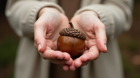 Hands embrace a beautifully crafted acorn, showing the intricate details of its design. The setting, filled with autumn foliage, evokes a sense of tranquility and connection to nature.の素材