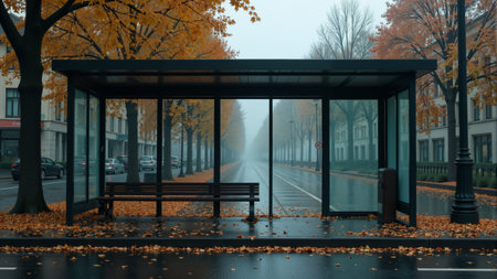 Leaves in vibrant shades of gold blanket the ground around a serene bus stop. Morning light filters through fog, illuminating the stillness of the empty street lined with trees.の素材