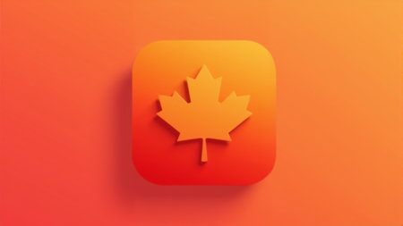 A striking graphic showcasing a three-dimensional maple leaf icon against a bright orange backdrop. The design exudes warmth and symbolizes Canadian heritage and unity throughout the artwork.の素材