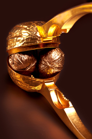 gold walnuts inject orehokolom gold, black background closeupの写真素材