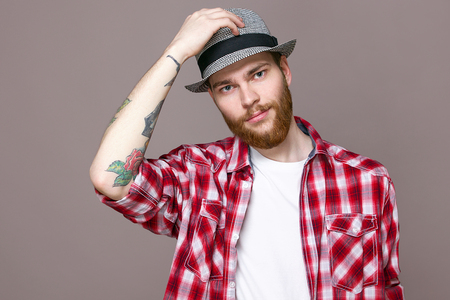 man with a red beard wearing a hatの写真素材