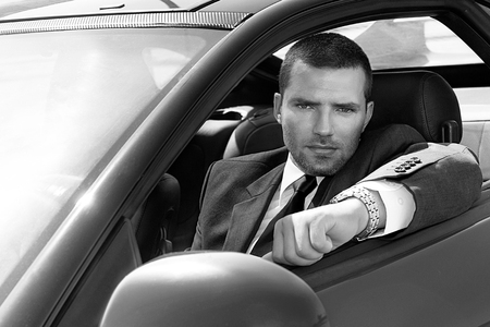 young man model necktie interior modern carの写真素材