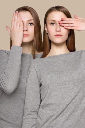 Beauty portrait of twins sisters. Perfect face makeup.