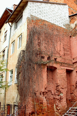 Ruins of red brick building wallsの写真素材