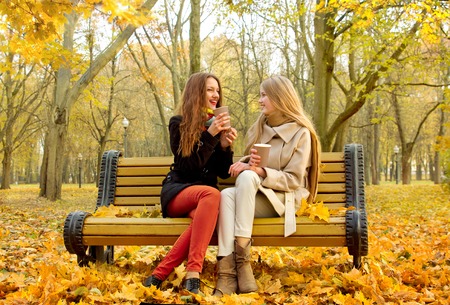 girls communicate on a bench in an autumn parkの写真素材