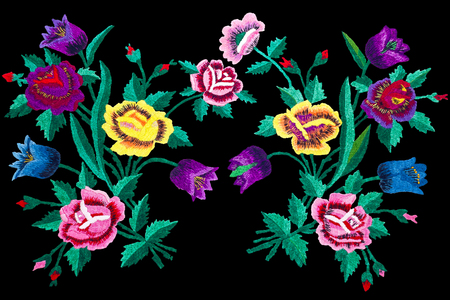 embroidery stitch flowers isolated black backgroundの写真素材
