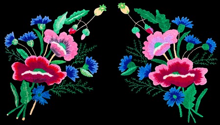 embroidery stitch flowers isolated black backgroundの写真素材