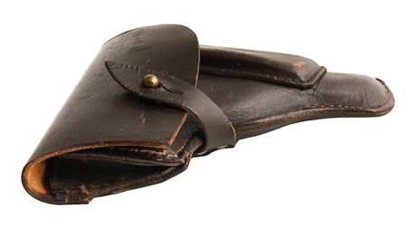 brown leather old pistol holster with rivet isolatedの写真素材