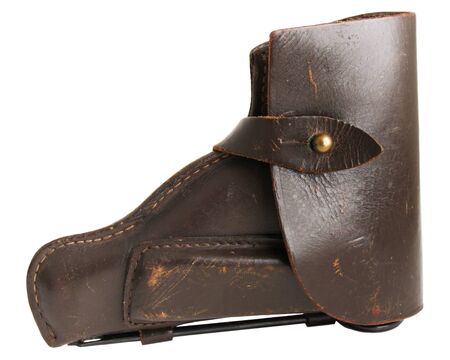 brown leather old pistol holster with rivet isolatedの写真素材