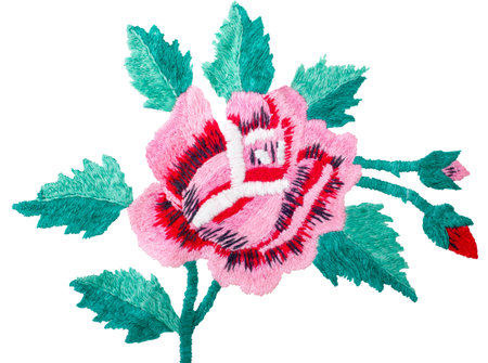 embroidered rose flower on white fabric, folk embroidery, decorated fabricの写真素材