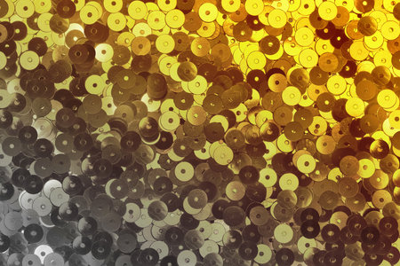 Background sequin, sequin background. - Fashion fabric glitter sequins. Sequins on fabric in bright yellow and gray colors.の写真素材