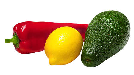 Ripe peppers, lemon and avocado on a white background isolated. The most vitamin fruits.の写真素材