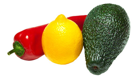 Pepper, lemon and avocado on white background isolated.の写真素材