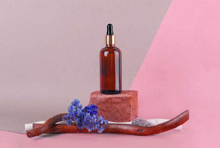 cosmetics on a brick podium on a pastel background. Concept, beauty cosmetology, bannerの写真素材