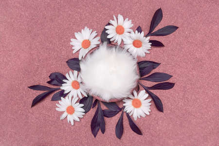 Digital backgrounds for newborns. Basket on a pink background with fur inside, surrounded by daisies. For your design.の写真素材
