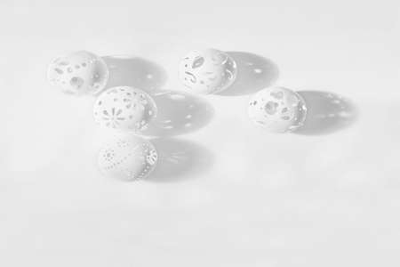 Chicken Easter eggs with carving. Macro. Isolated on a white background. Your background for design.の写真素材