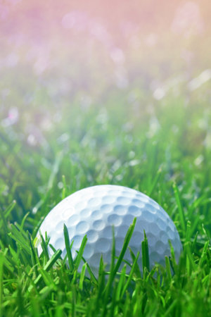 Golf ball lies in the grass and shimmers in the sun. Delicate background for your designの写真素材