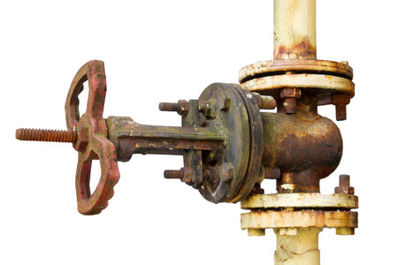 rusty pipe valve isolated on white backgroundの写真素材