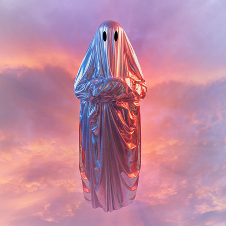 Neon ghost in the form of a mummy against a neon glow. Modern Halloween concept.の写真素材