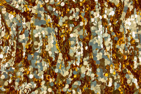 Shiny gold background with iridescent sparkles, sequins. Festive background.の写真素材