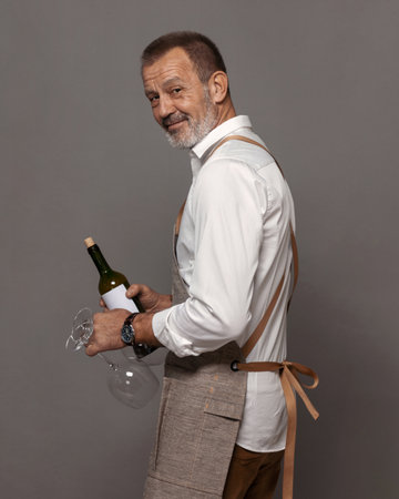 Respectable man in a linen apron holds wine glasses and a bottle of wine. Sommelier or waiter in joy and hospitality.の写真素材
