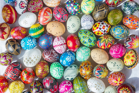 Colorful easter eggs background, christian holiday theme, holiday background.の写真素材